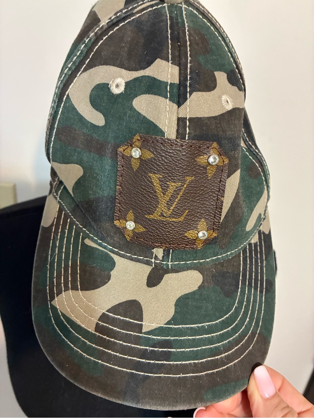 Louis Vuitton upcycled Camouflage Baseball Cap with LV Patch - Green, Brown, Tan